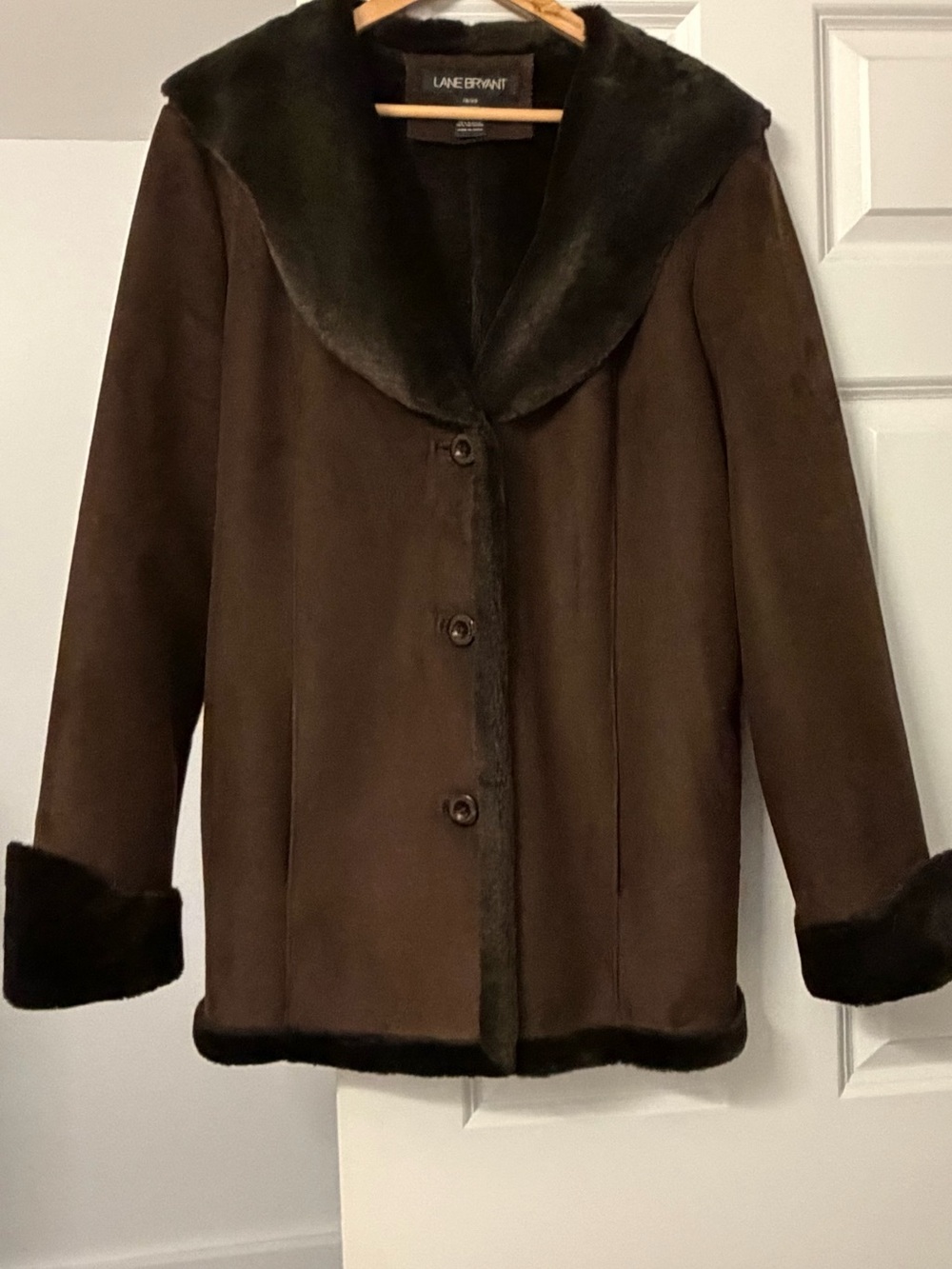 Lane Bryant Dark Brown Faux-Suede Coat with Faux-Fur Trim